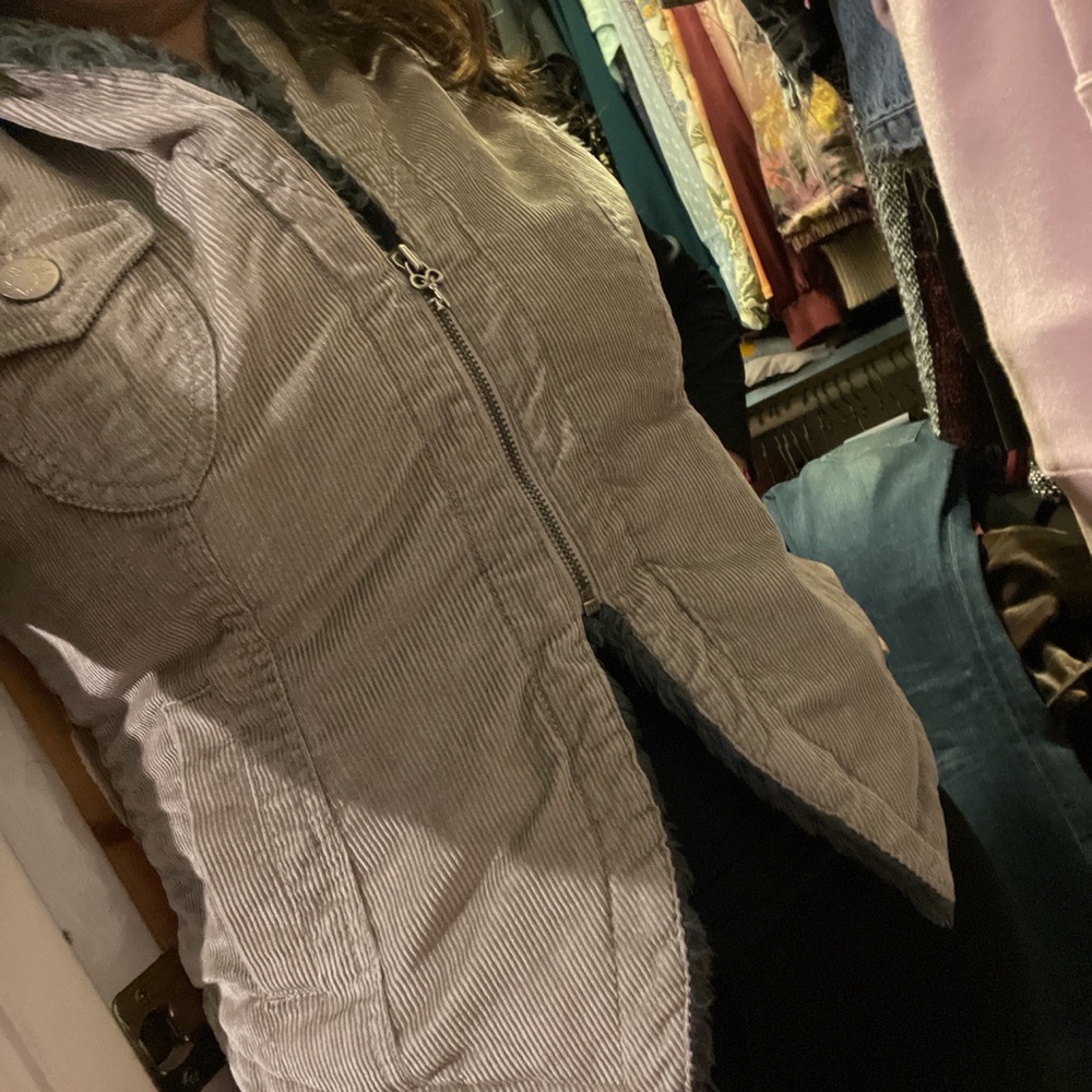 Gray Levis Vest with hood and pockets corduroy style  size large warm and cozy